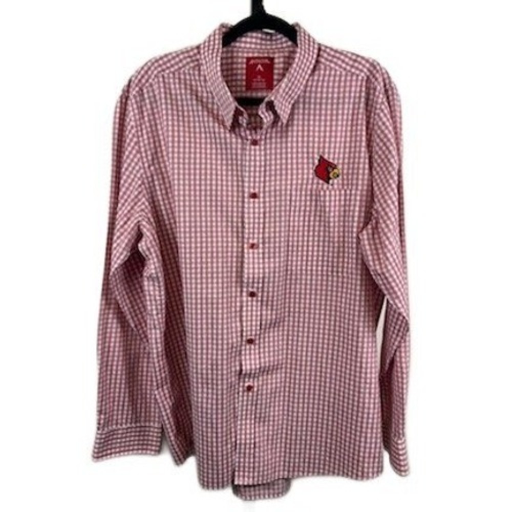 Antigua Louisville Cardinals UL Gingham Button Down Shirt Men's XL Red White